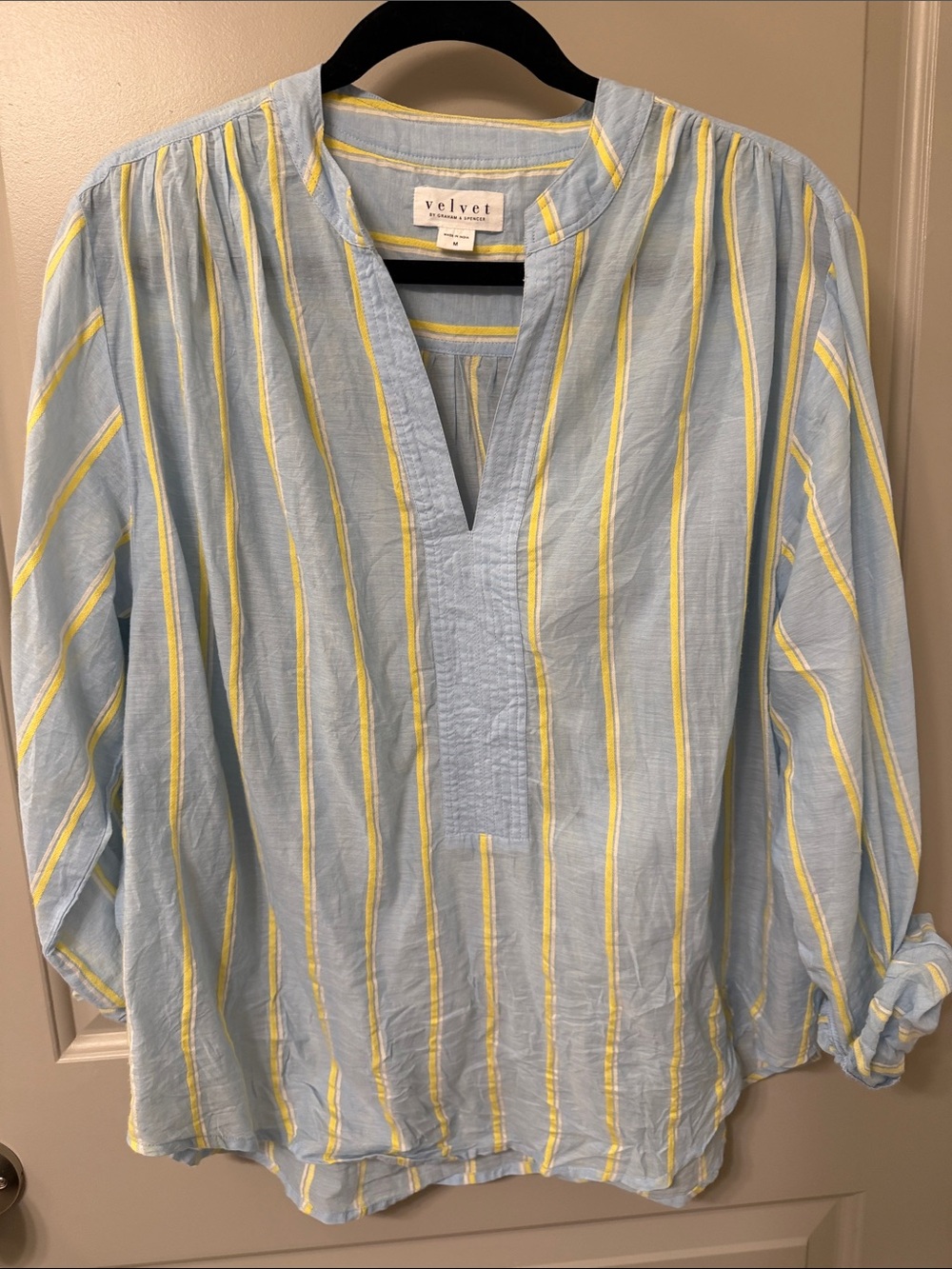 Velvet by Graham & Spencer Light Blue & Yellow Striped V-Neck Tunic